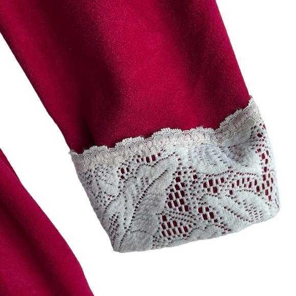 Vintage Vanity Fair Robe S Crochet Waist Tie Red Velour Pockets Collared Cream - Picture 4 of 12